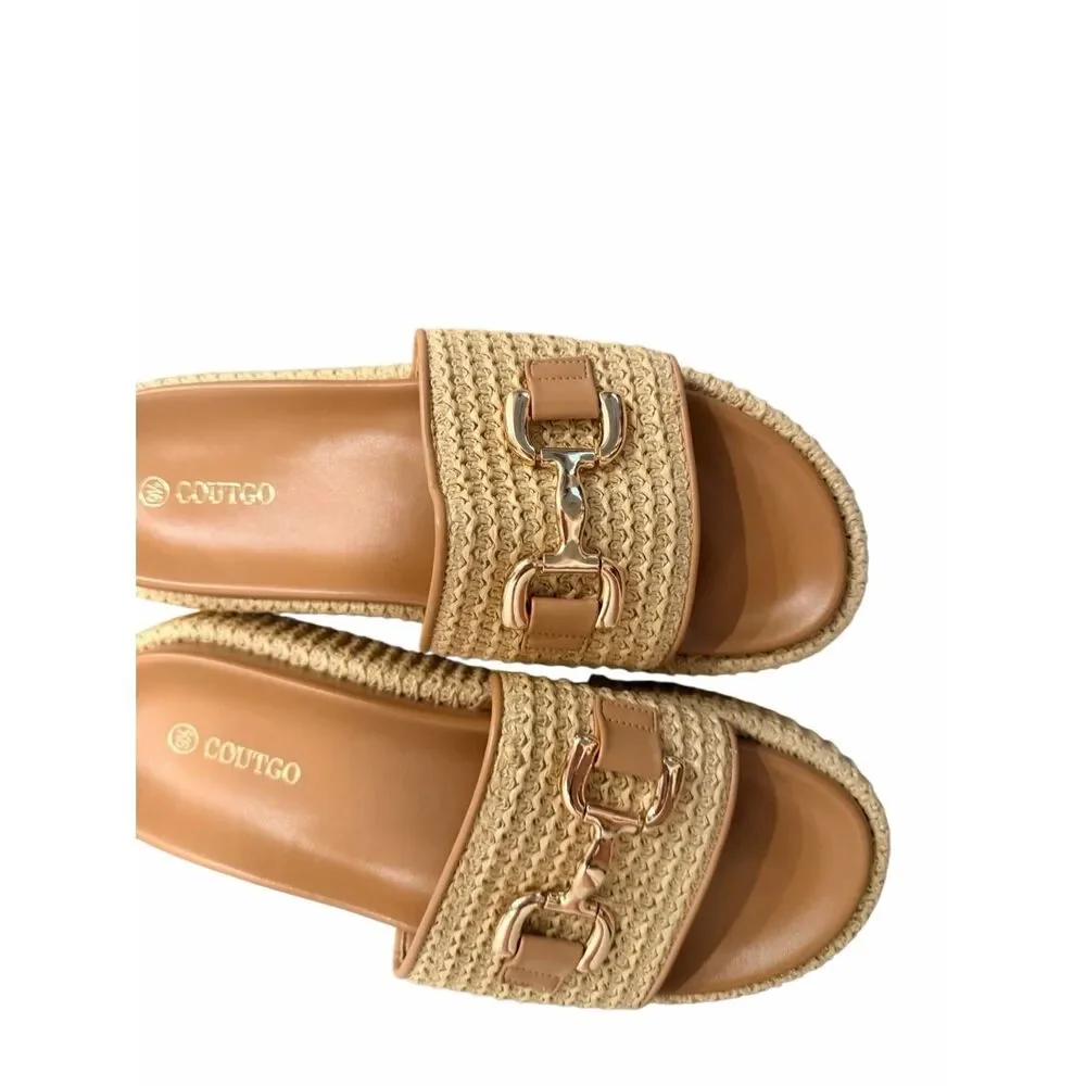 Coutgo Womens Platform Sandals Raffia Espadrilles Slip-on Open Toe Slides 9.5 - Picture 5 of 8